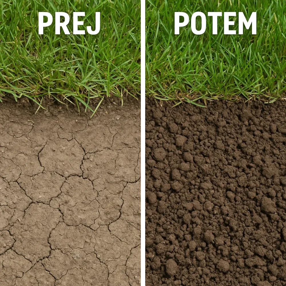 Primer zbite zemlje pred in po prezracevanju Primer zbite zemlje pred in po prezracevanju