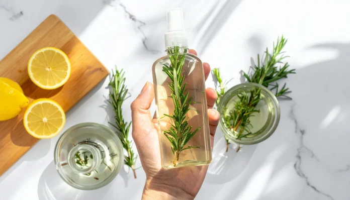 Naravni zeliščni sprej iz rožmarina, timijana in kisa za bleščečo kuhinjo brez kemikalij