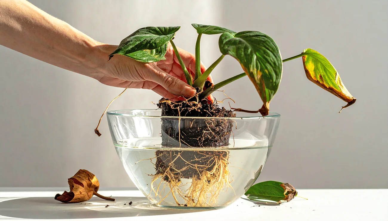 Trik s toplo vodo za oživitev skoraj propadle sobne rastline