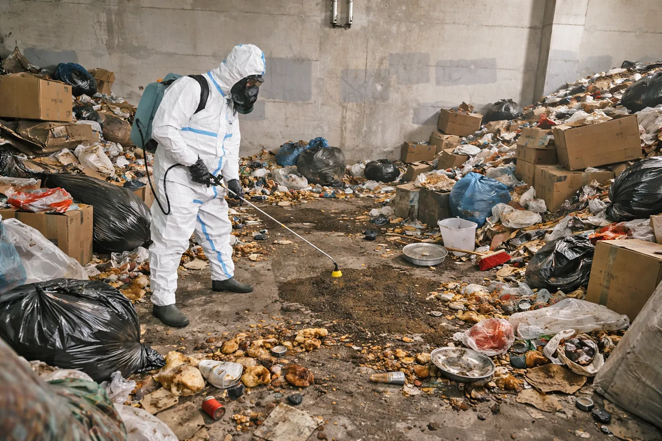 Čistilec v zaščitni obleki