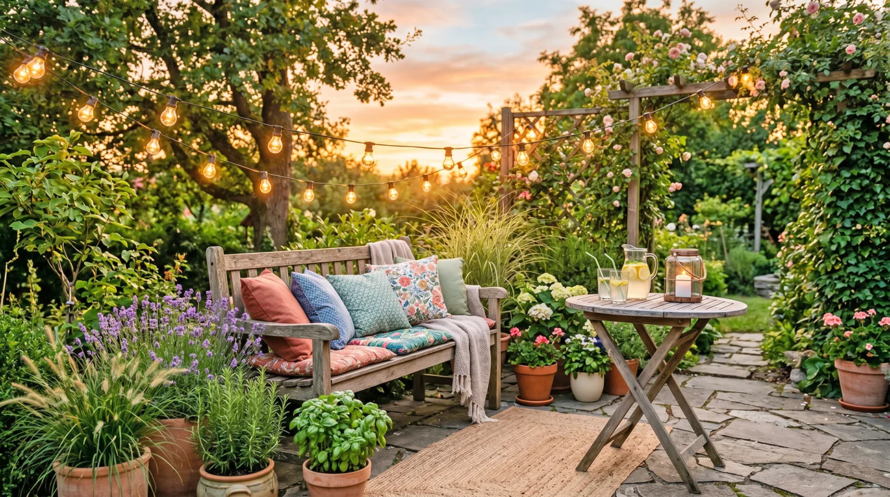 Ustvarite vrtni kotiček za večerne obiske: Svetila, blazine in rastline, ki naredijo razliko