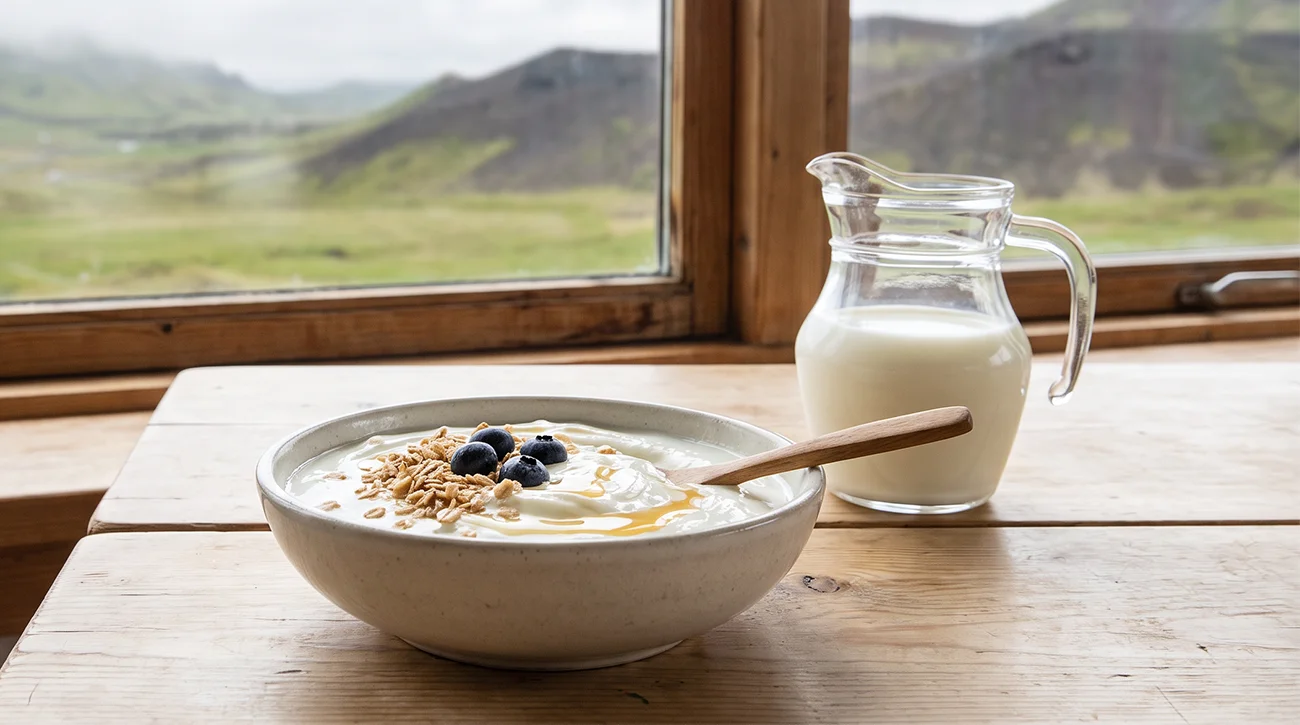 Skyr spominja na gost jogurt vendar je tradicionalno blizje svezemu siru Skyr spominja na gost jogurt, vendar je tradicionalno bližje svežemu siru